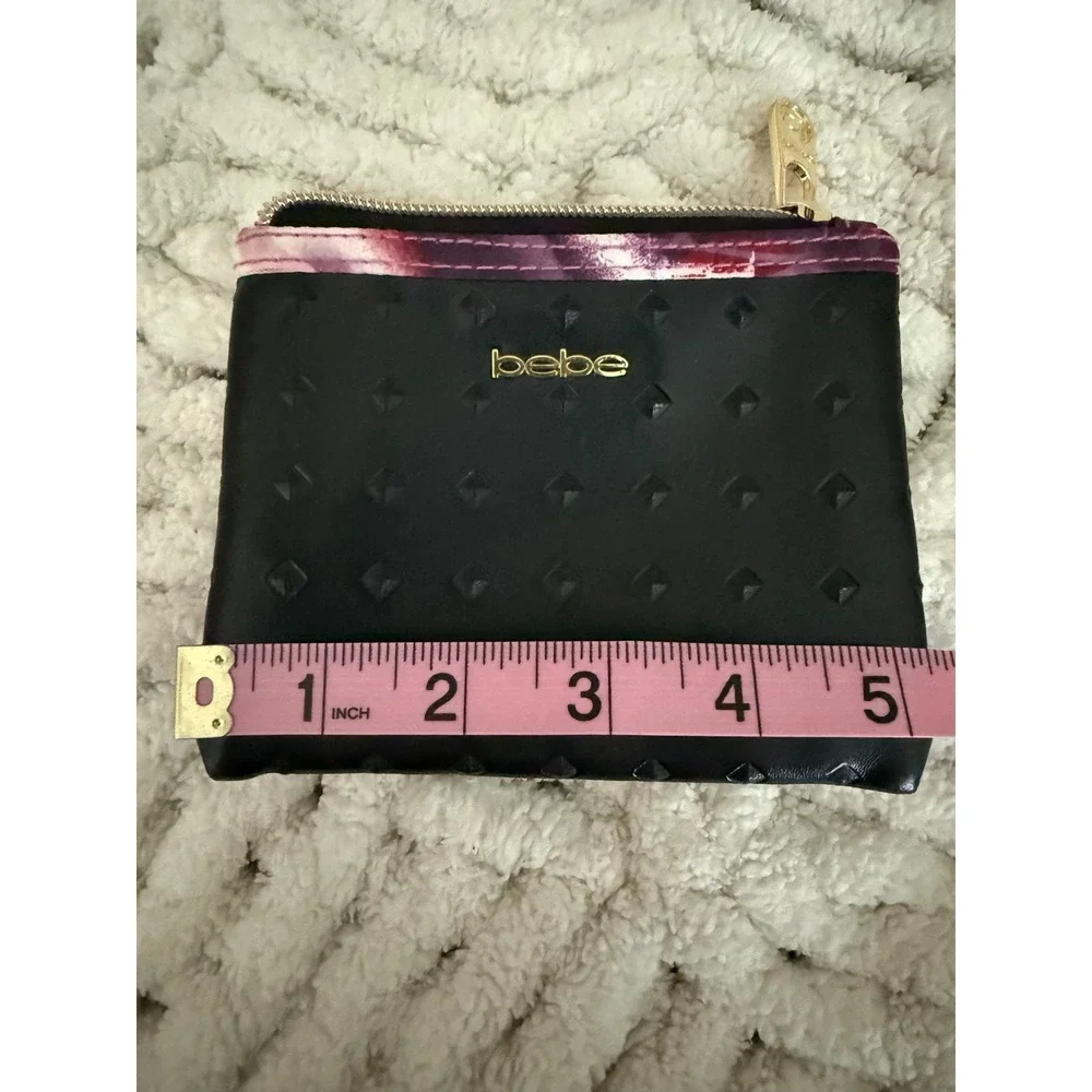 Bebe Black Faux Leather Studded Coin Purse Cosmetic Pouch Gold Logo Floral Trim